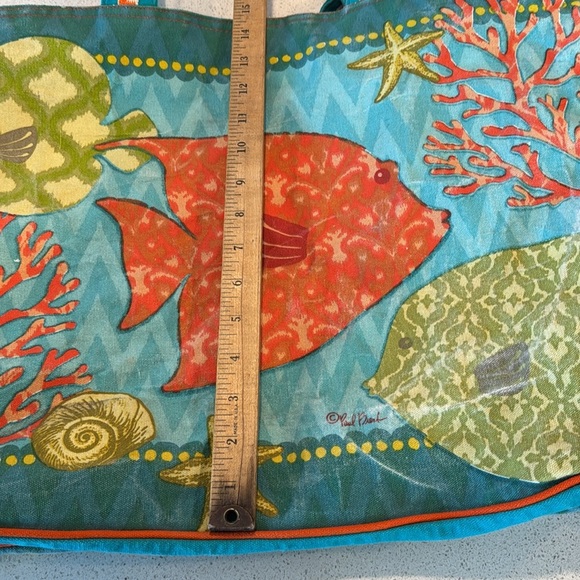 Paul Brant Coral and fish Large Tote Bag orange and green blue beach bag - Picture 10 of 10